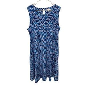 Susan Graver Liquid Knit Tank Dress Pockets Blue Geometric print size 1X